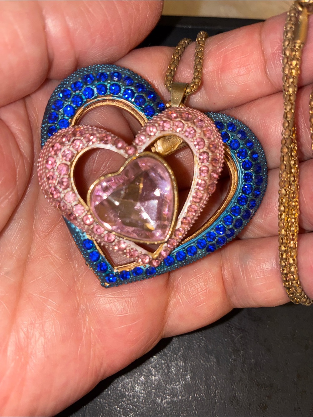 Pink and Blue Crystal Heart Necklace with Center Shiny Pink Heart